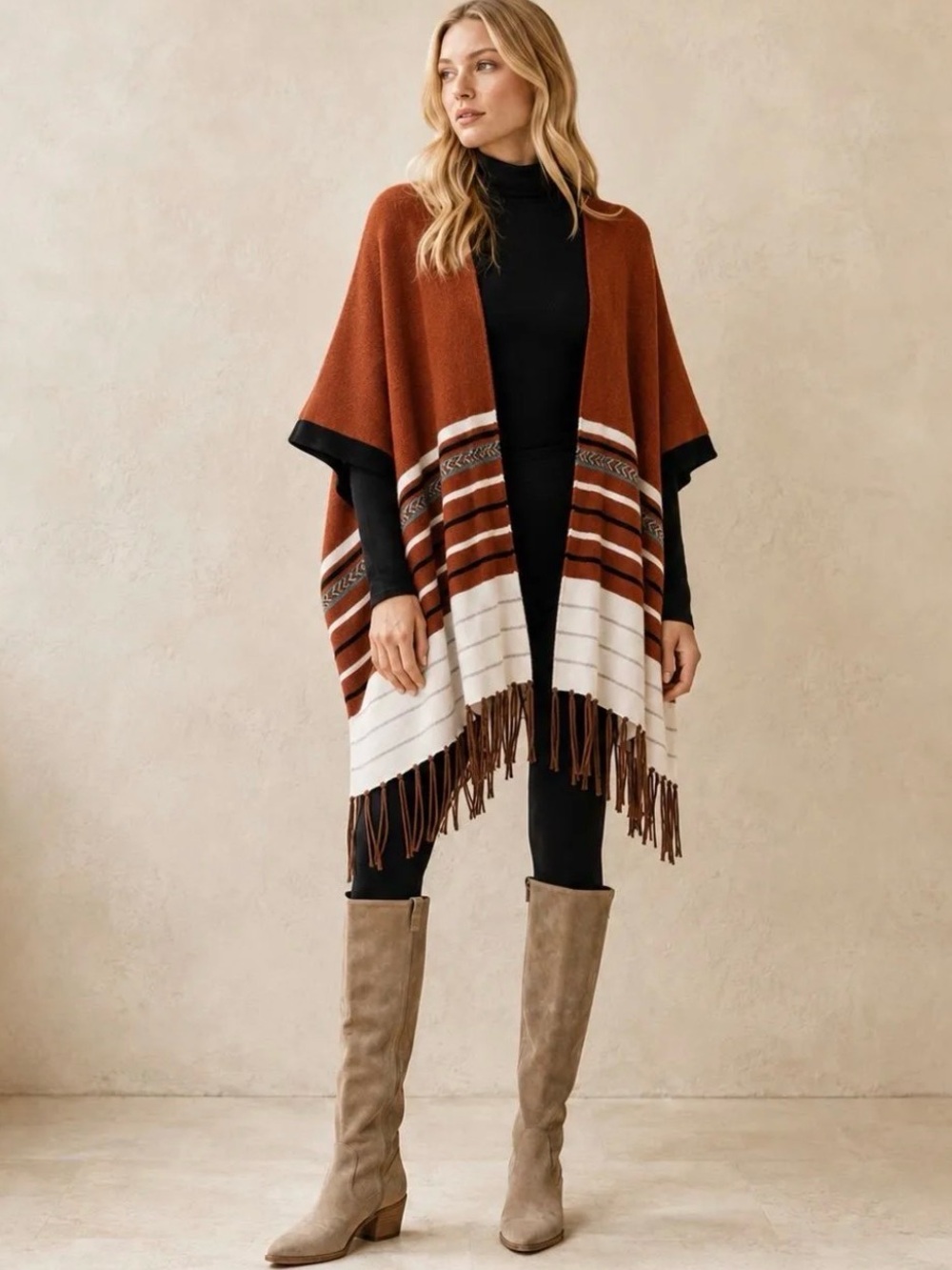 114. Southwest Aztec Fringe bohemian boho Poncho Sweater
